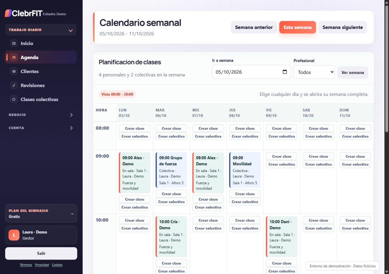 Calendario semanal de ClebrFIT con sesiones personales y colectivas de ejemplo