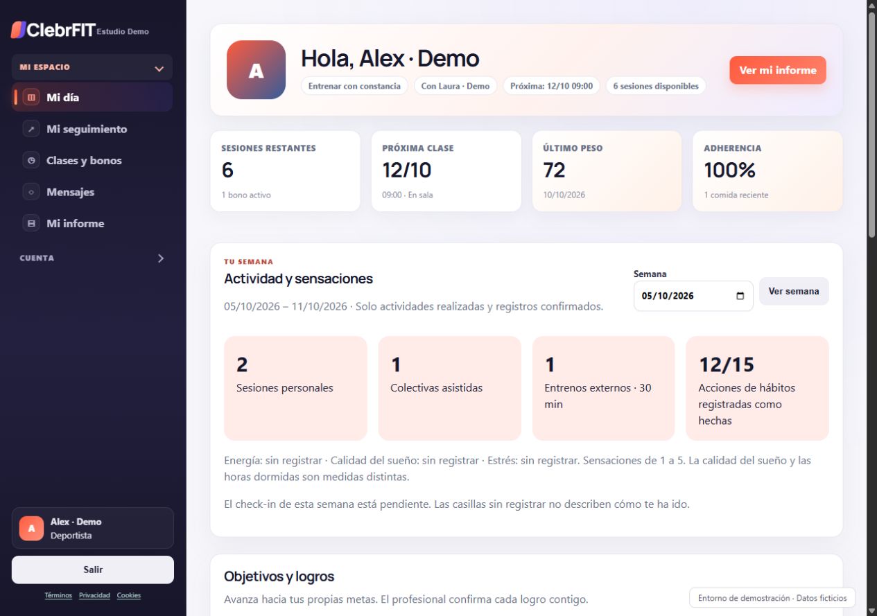 Portal del cliente de ClebrFIT con próximas actividades y resumen de seguimiento ficticio